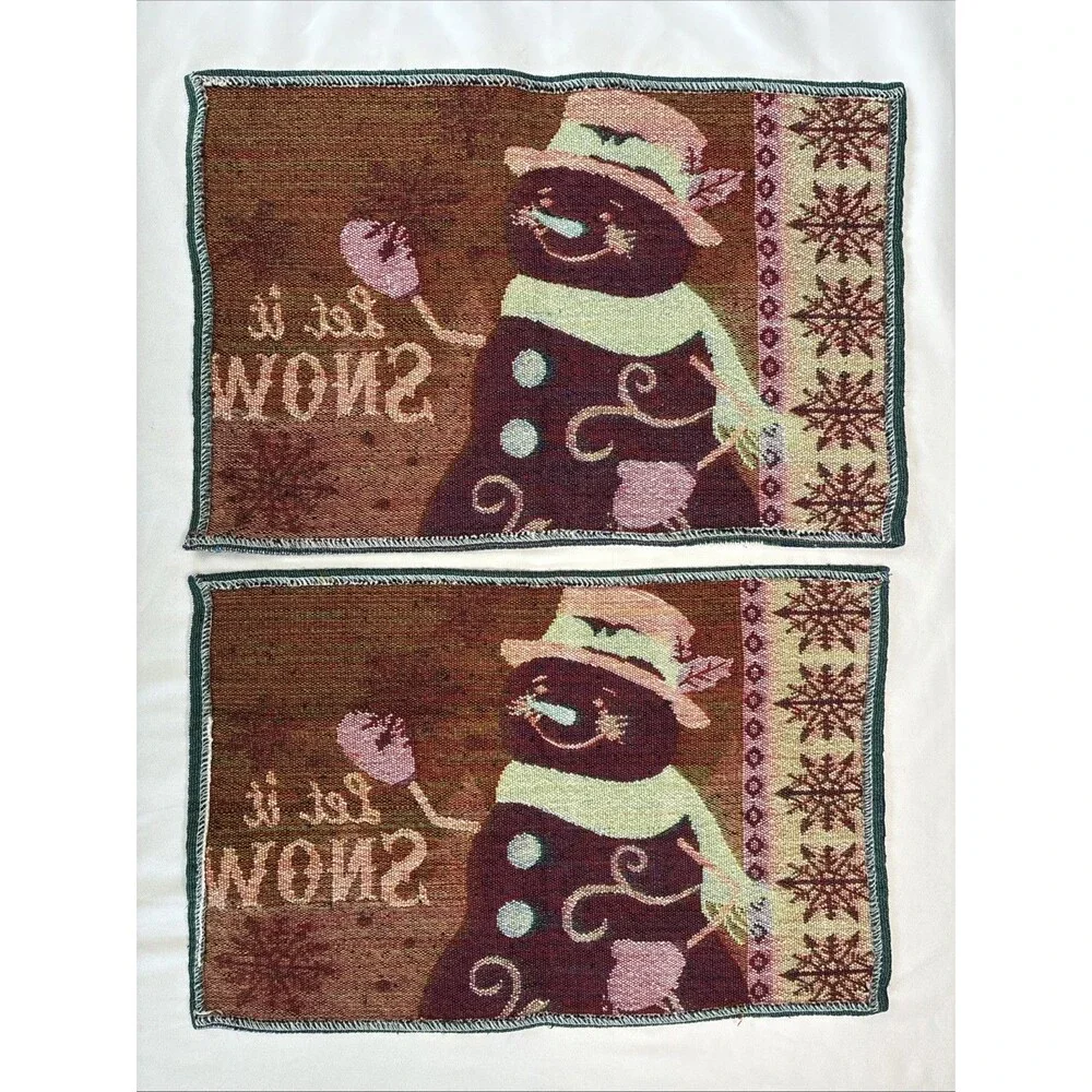 Vintage Snowman Tapestry Woven Placemats Winter Holiday Christmas Retro Set of 2